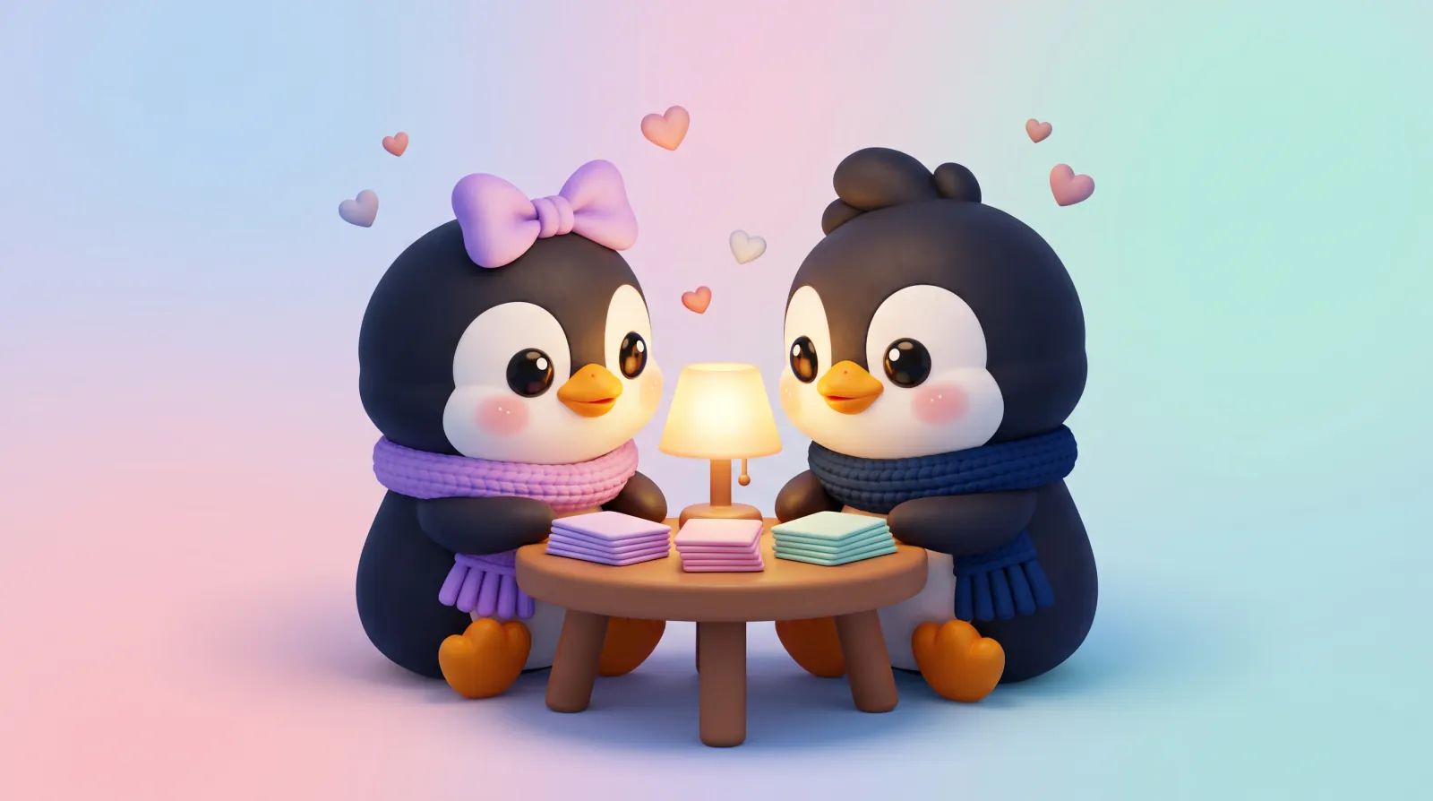 Two penguins sit face to face at a small table with a lamp and three stacks of question cards
