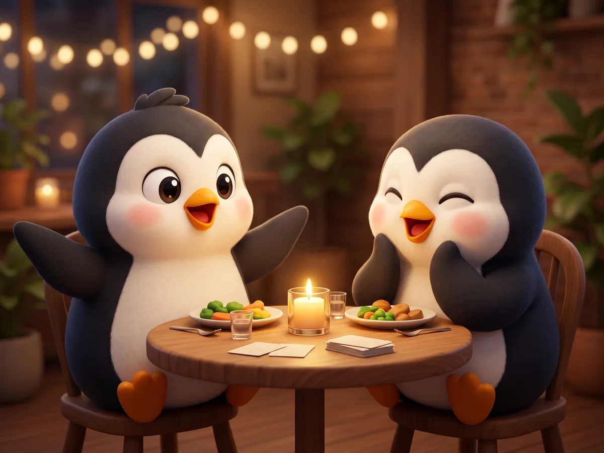 Illustration: a penguin pair at a candlelit restaurant table, one penguin telling a story with wings spread wide while the other laughs, a few small question ca