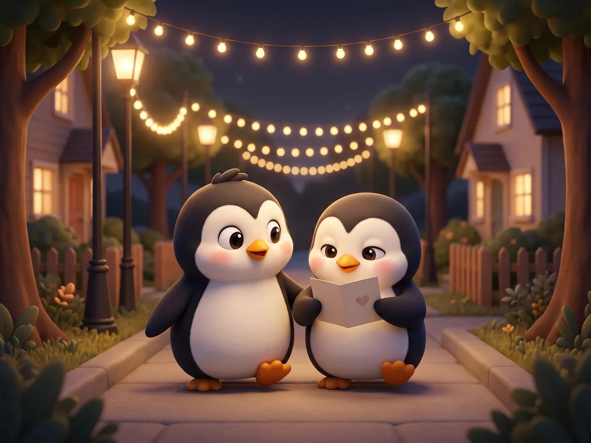 Illustration: two penguins walking home along a quiet street at night under string lights, one holding a small card up to look at it