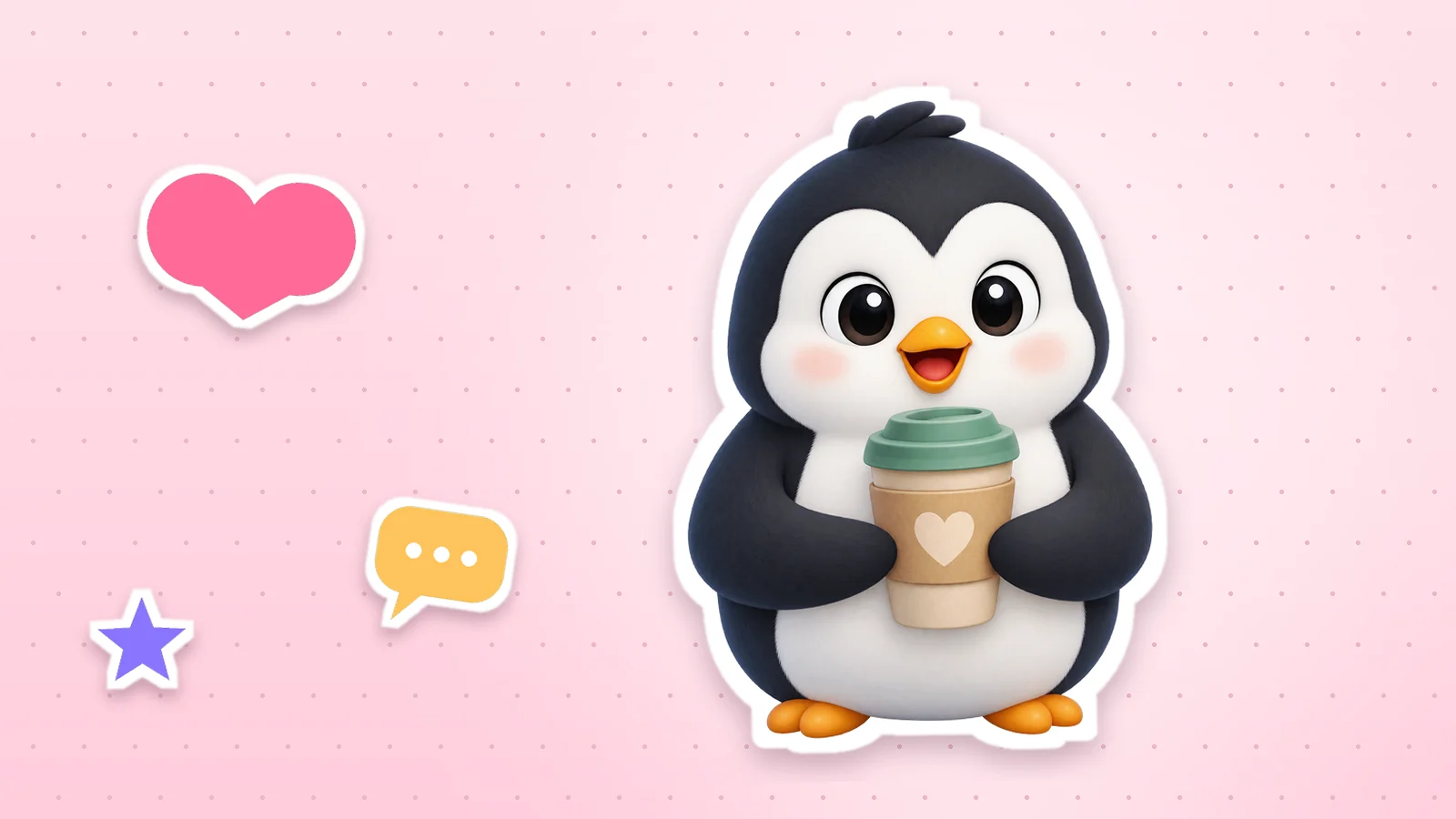 A Lolo Cards penguin as a sticker with a white outline, next to a heart, a star and a speech bubble on a soft pink background