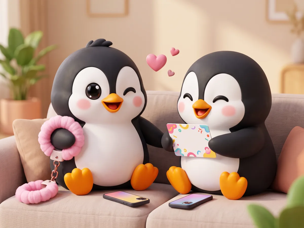 Illustration: a penguin and a second penguin on a sofa with phones face down on the cushion, laughing over a question card