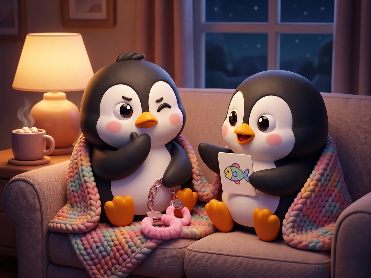 Illustration: two penguins sharing a blanket on a couch at night, one holding up a card, the other thinking hard