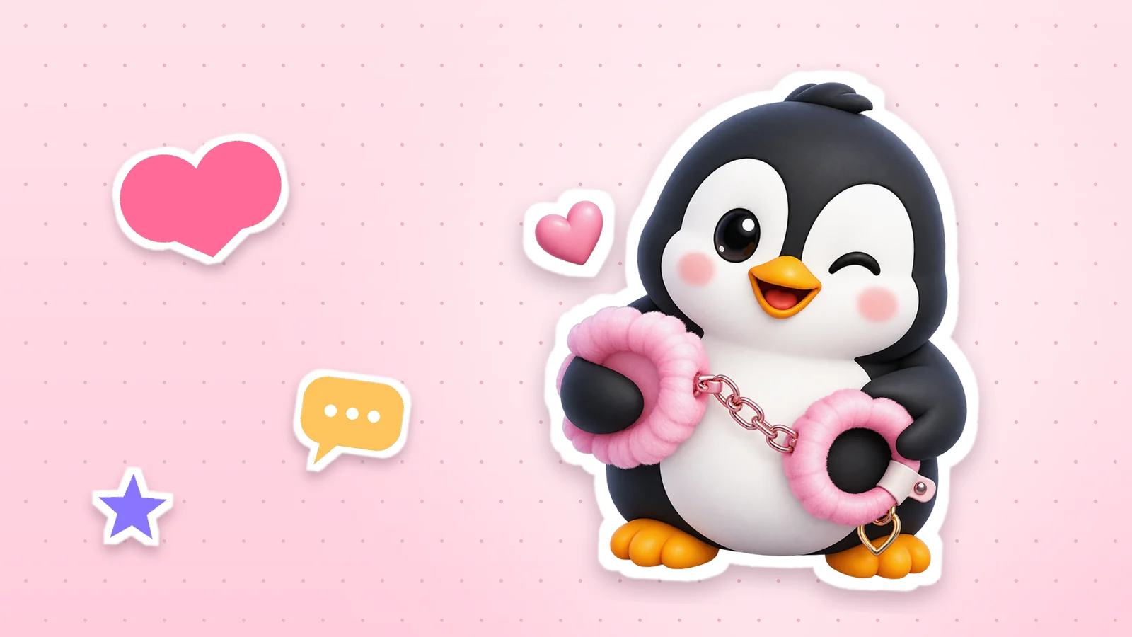 A Lolo Cards penguin as a sticker with a white outline, next to a heart, a star and a speech bubble on a soft pink background