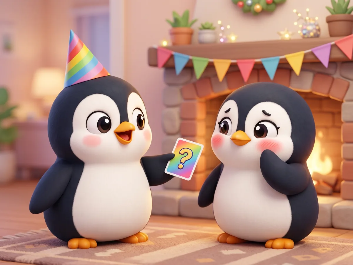 Illustration: a penguin in a party hat handing a question card to a shy penguin guest by a decorated fireplace