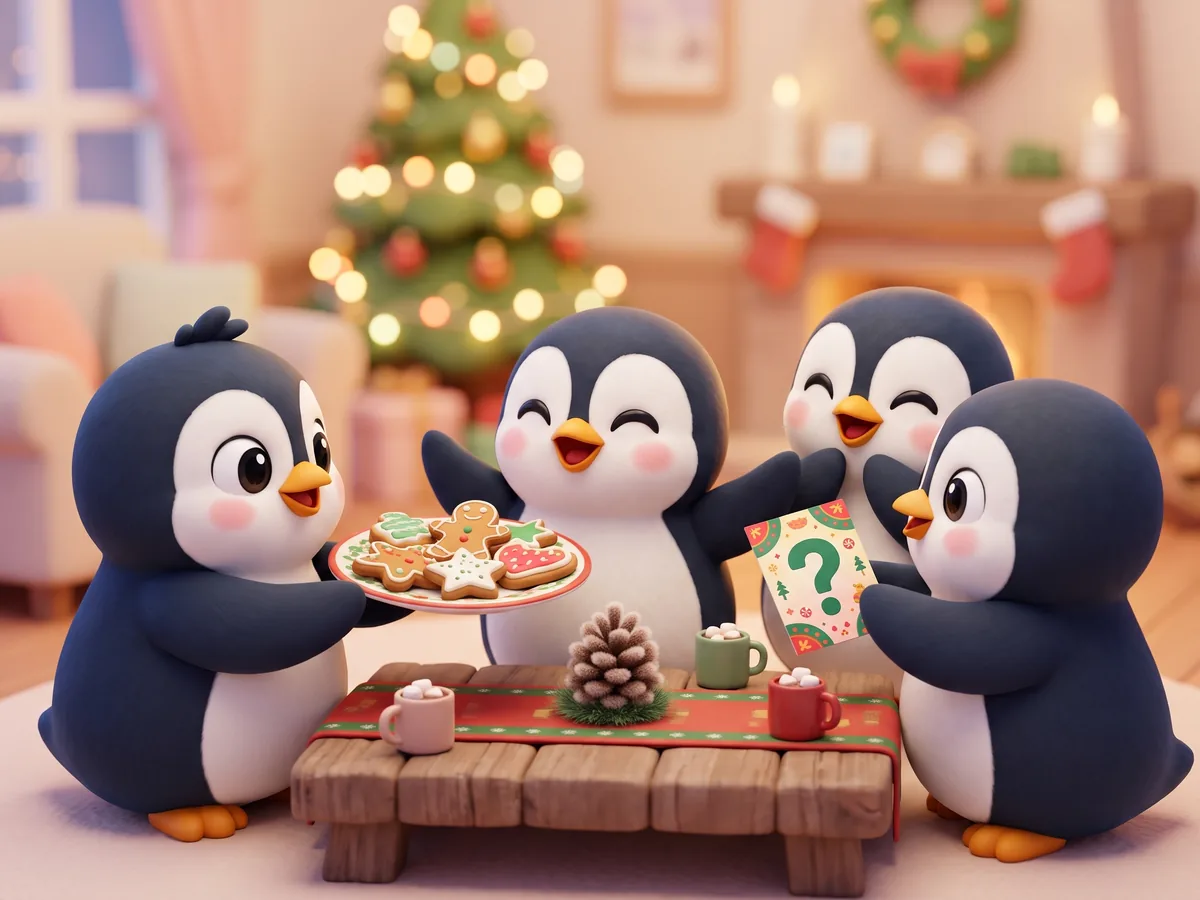 Illustration: penguins around a holiday table passing a plate of cookies and a question card