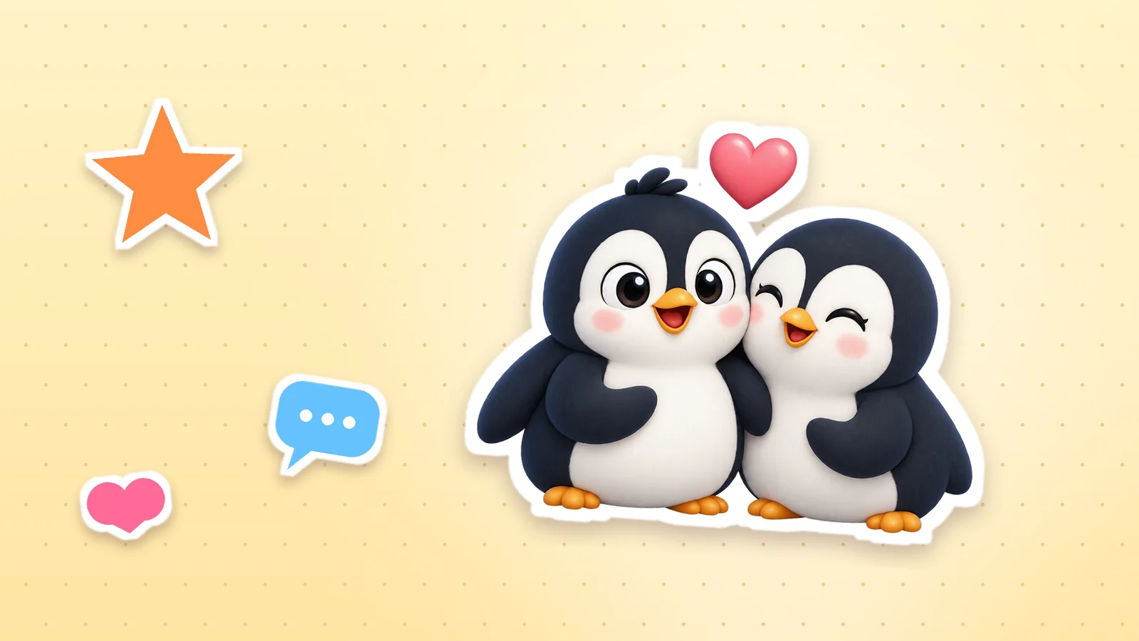 A Lolo Cards penguin as a sticker with a white outline, next to a heart, a star and a speech bubble on a soft yellow background