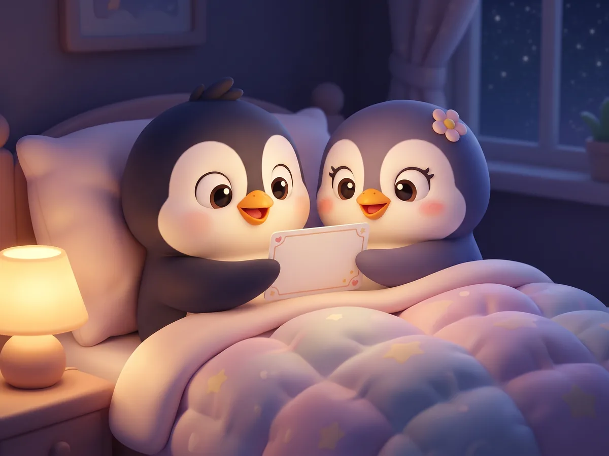 Illustration: a penguin and a partner penguin lying under a blanket with a small lamp on, sharing a question card in the dark