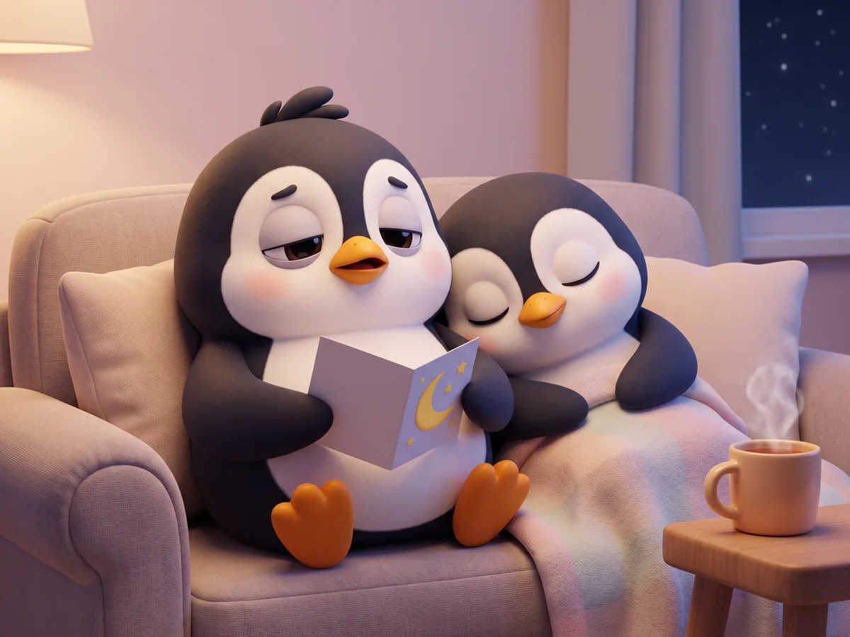 Illustration: two penguins nearly asleep on a couch, one holding a card with a moon on it, a mug of tea on the side