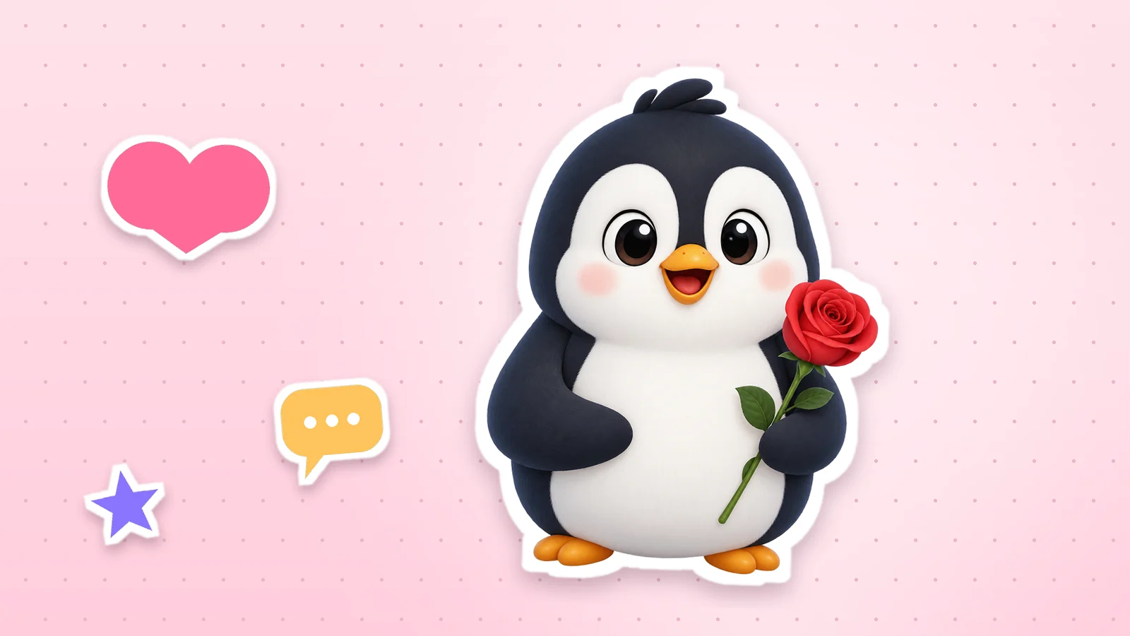 A Lolo Cards penguin as a sticker with a white outline, next to a heart, a star and a speech bubble on a soft pink background
