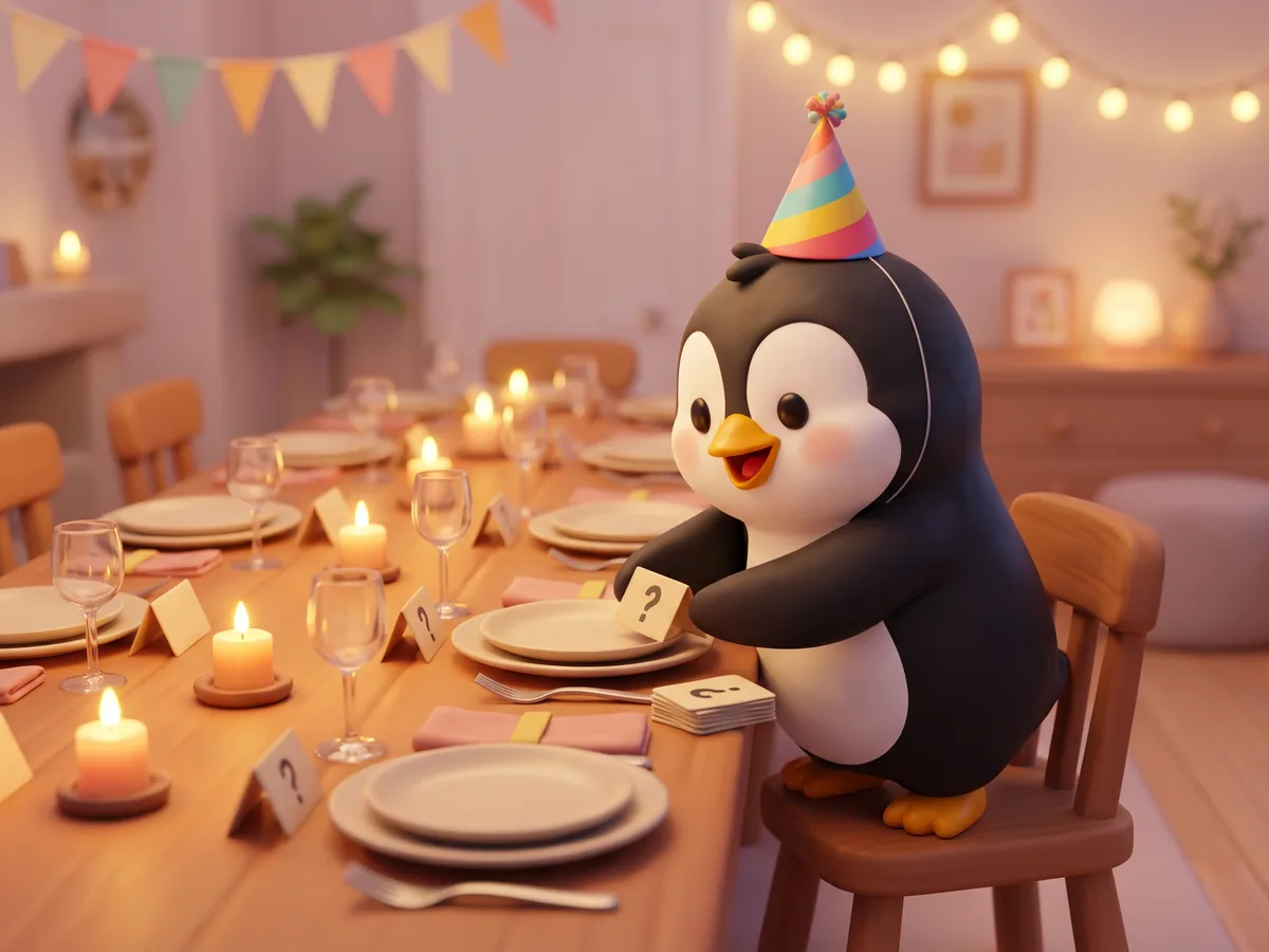 Illustration: a penguin in a party hat setting place cards with little question cards on a long dinner table, candles glowing