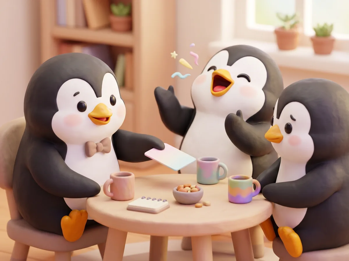 Illustration: a penguin host gently passing a question card across the table to a quiet penguin guest while a loud penguin keeps talking
