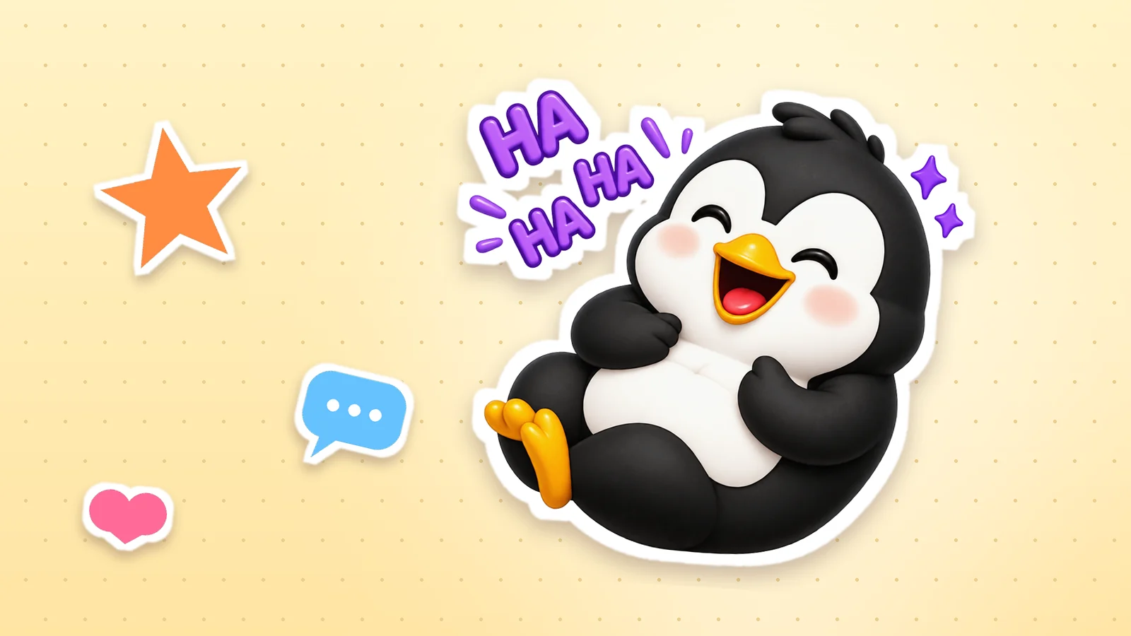 A Lolo Cards penguin as a sticker with a white outline, next to a heart, a star and a speech bubble on a soft yellow background