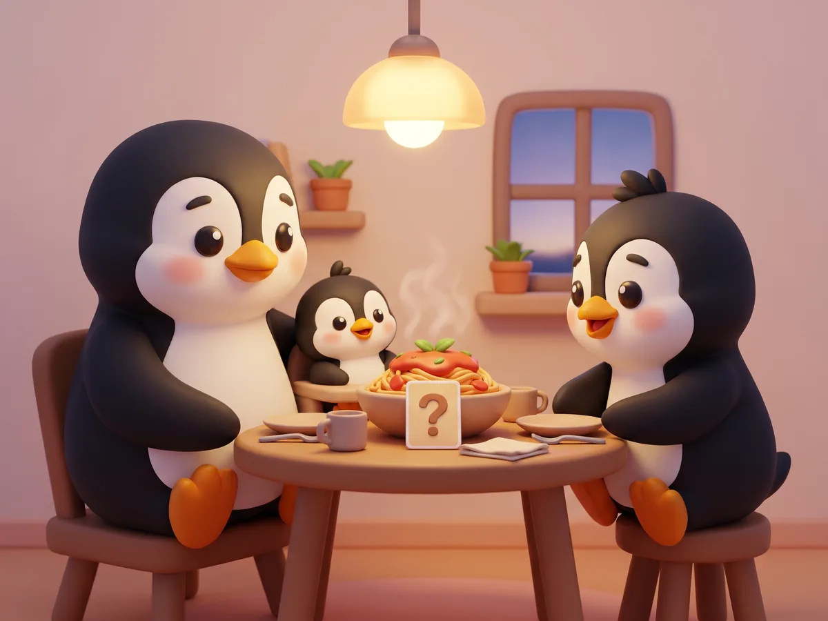 Illustration: a penguin parent, a teen penguin and a small penguin chick sharing a quick dinner, a single question card leaning against a bowl of pasta