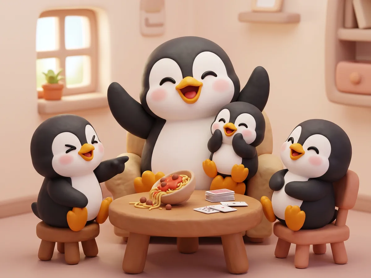 Illustration: a family of penguins laughing around a small table with a spilled bowl of spaghetti and a stack of cards