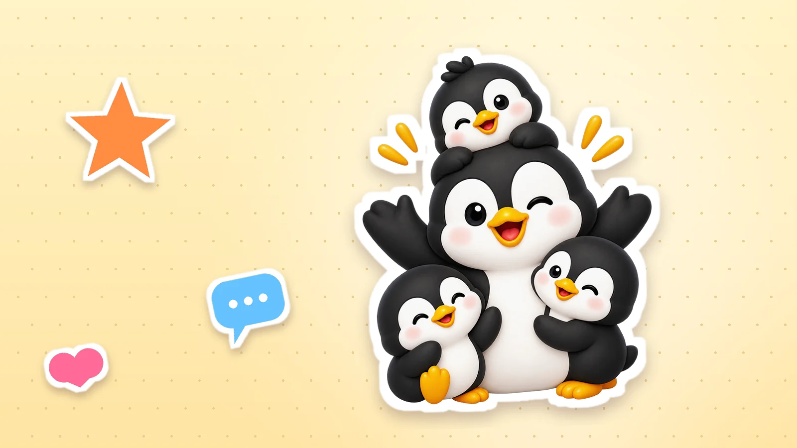 A Lolo Cards penguin as a sticker with a white outline, next to a heart, a star and a speech bubble on a soft yellow background