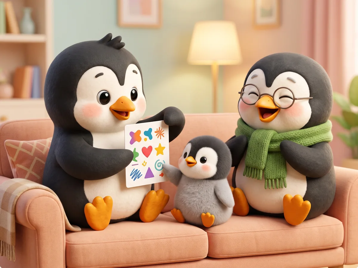 Illustration: a penguin and a small penguin chick on a sofa pointing at different answers on a question card, a grandparent penguin laughing beside them