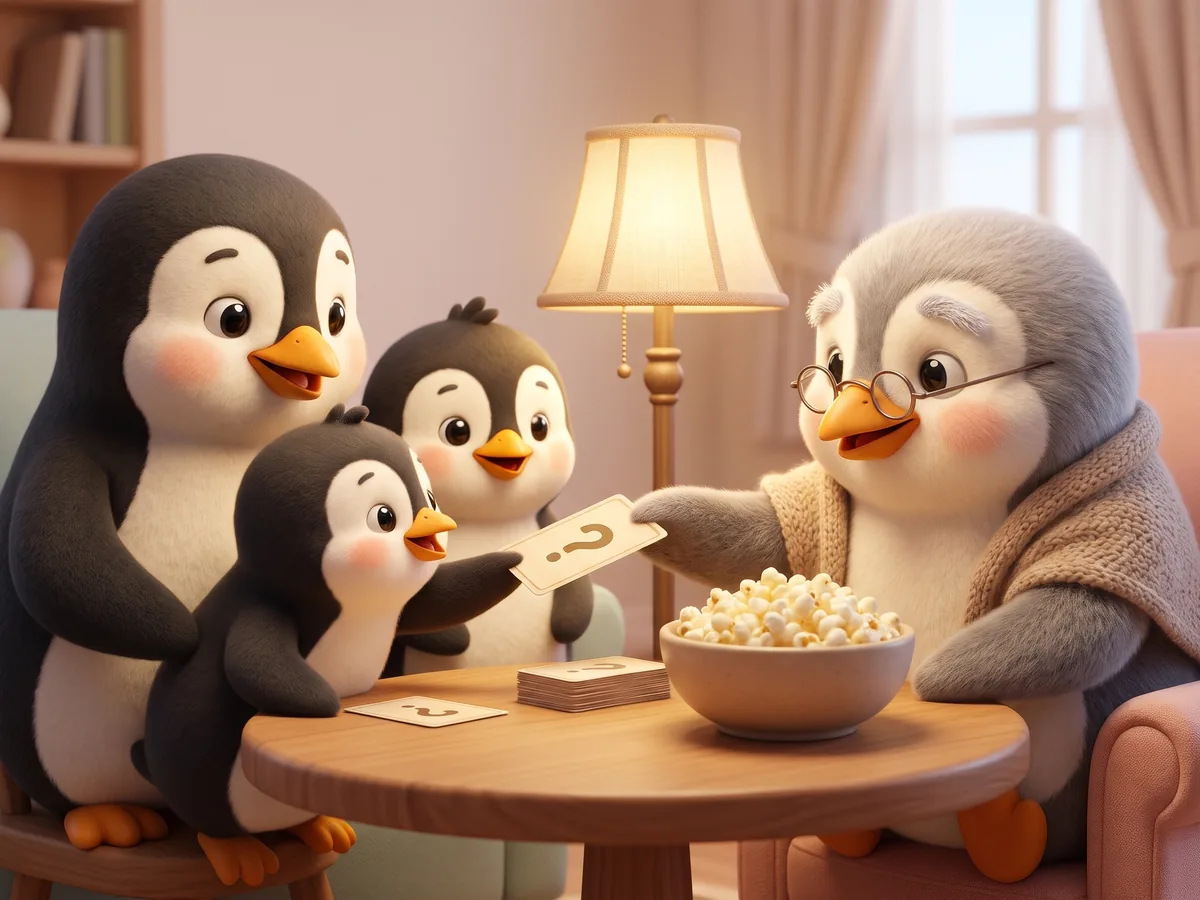 Illustration: a penguin family around a round table with a lamp and a bowl of popcorn, passing a question card to a grandparent penguin