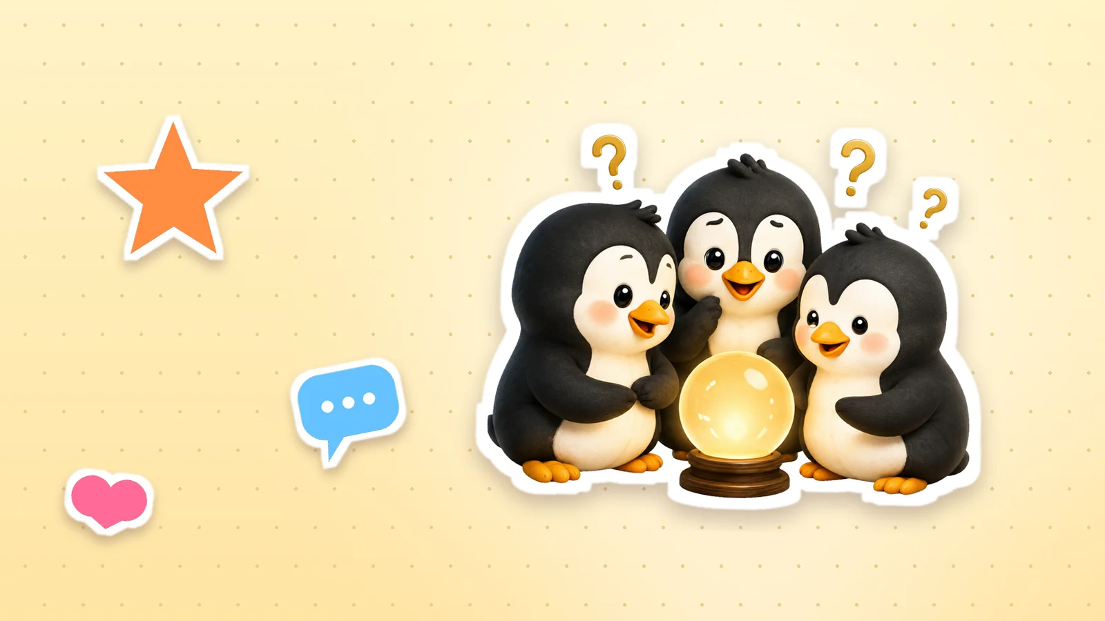 A Lolo Cards penguin as a sticker with a white outline, next to a heart, a star and a speech bubble on a soft yellow background