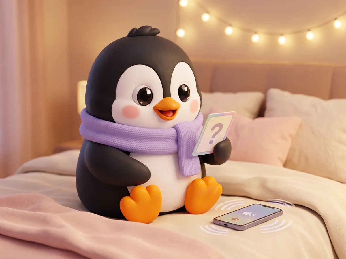 Illustration: a penguin with a lavender scarf sitting cross-legged on a bed with a phone on speaker and a question card in hand, string lights behind