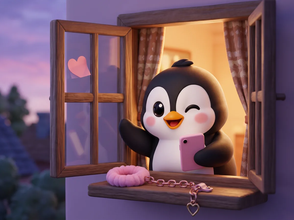 Illustration: a penguin waving goodbye from a window at dusk while holding a phone, a small heart-shaped sticky note on the glass