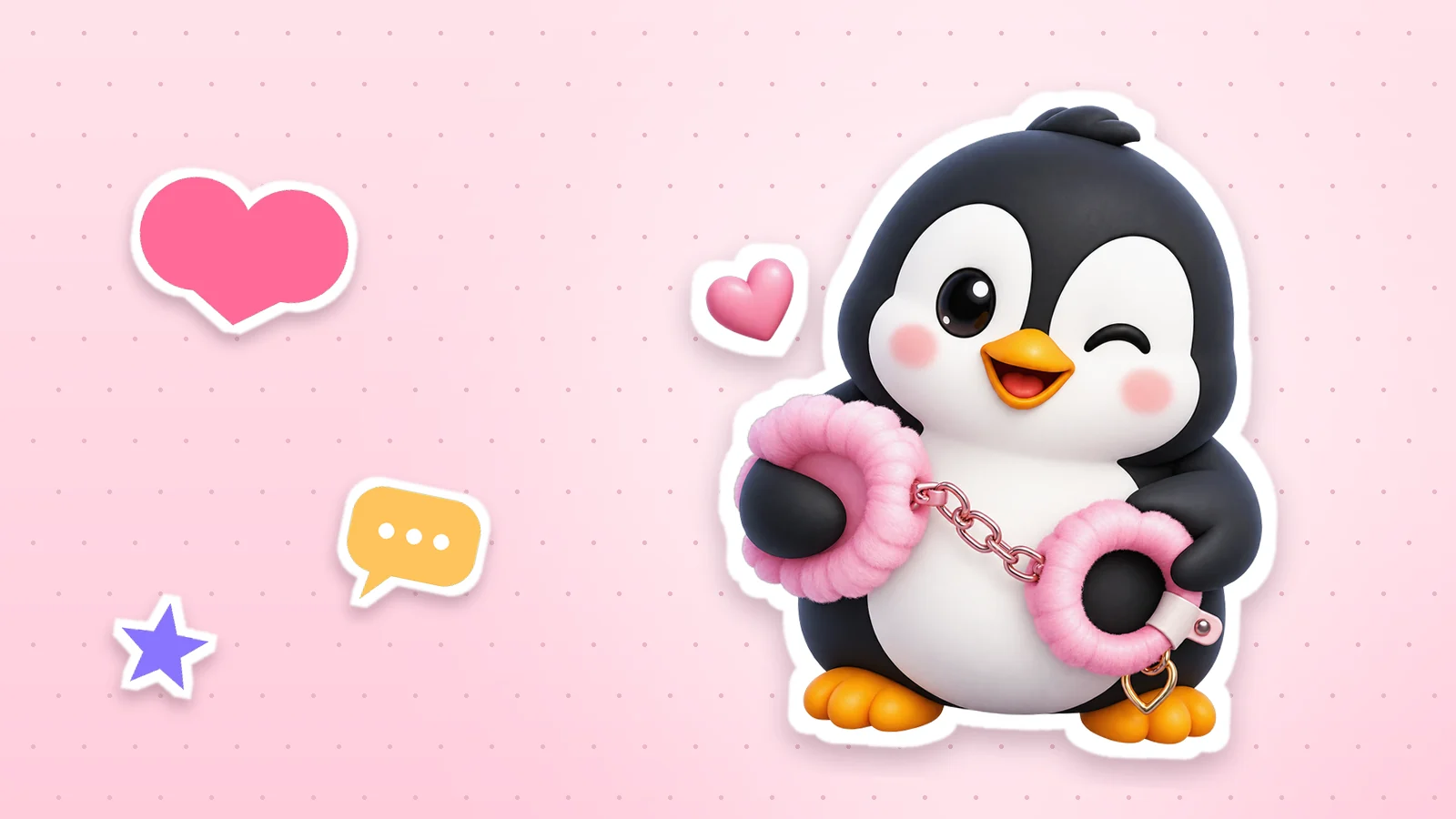 A Lolo Cards penguin as a sticker with a white outline, next to a heart, a star and a speech bubble on a soft pink background