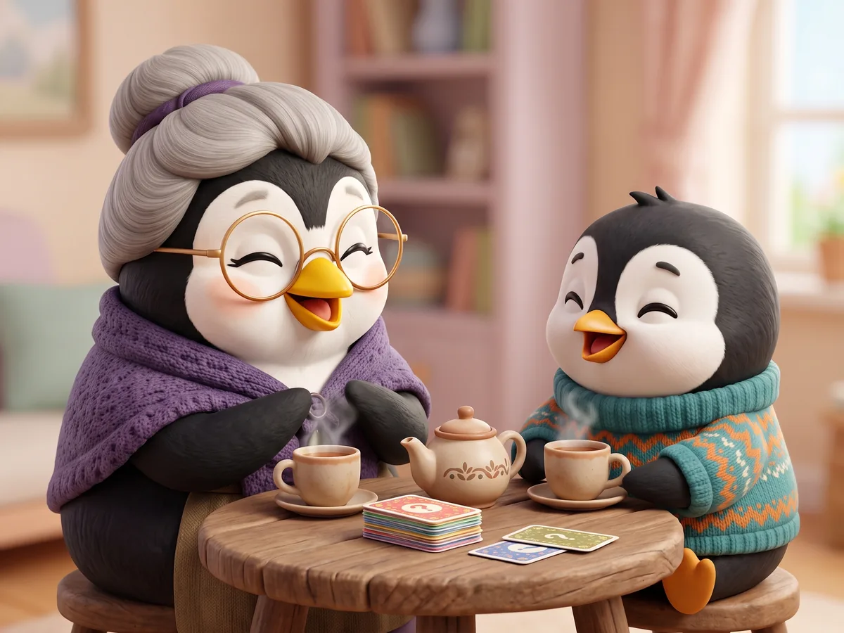 Illustration: a penguin and a grandparent penguin laughing over tea with a small stack of question cards on the table