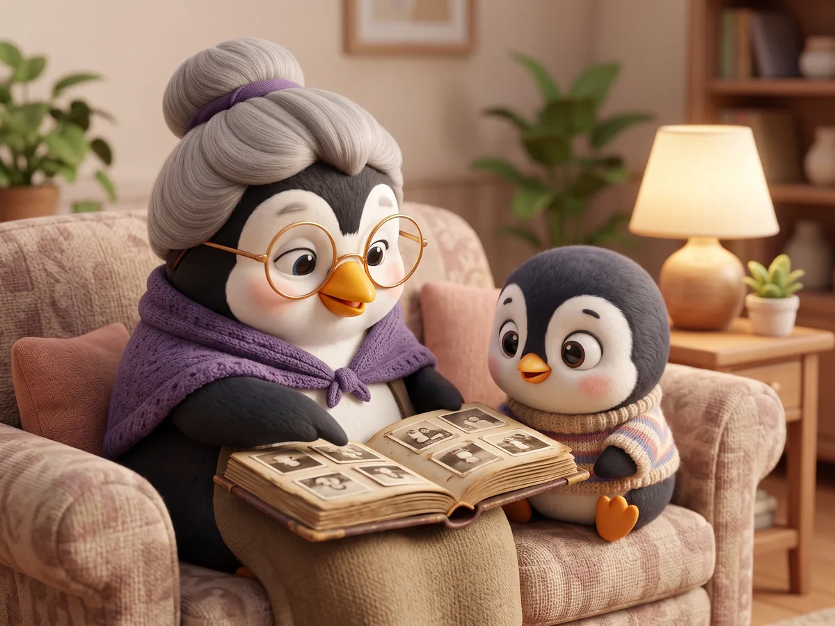Illustration: a penguin child listening wide-eyed to a grandparent penguin with an old photo album open on the sofa