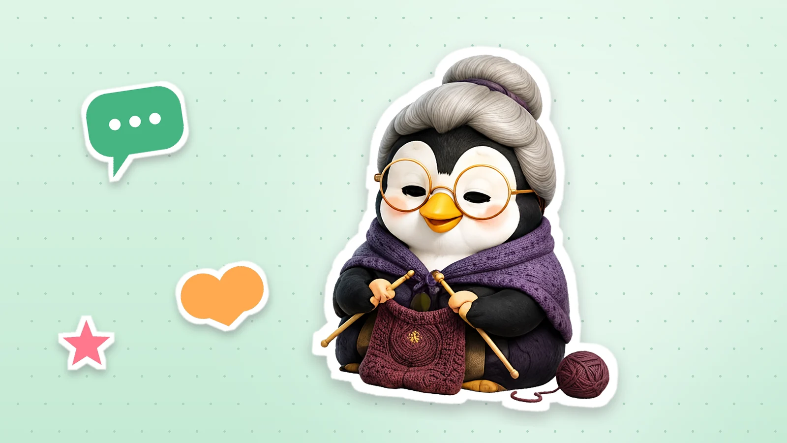 A Lolo Cards penguin as a sticker with a white outline, next to a heart, a star and a speech bubble on a soft mint background