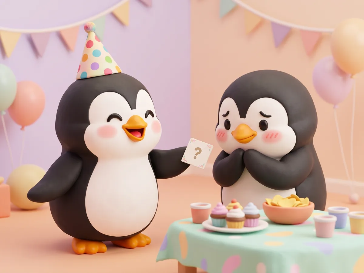 Illustration: a penguin in a party hat chatting with a shy penguin by a snack table, passing a question card