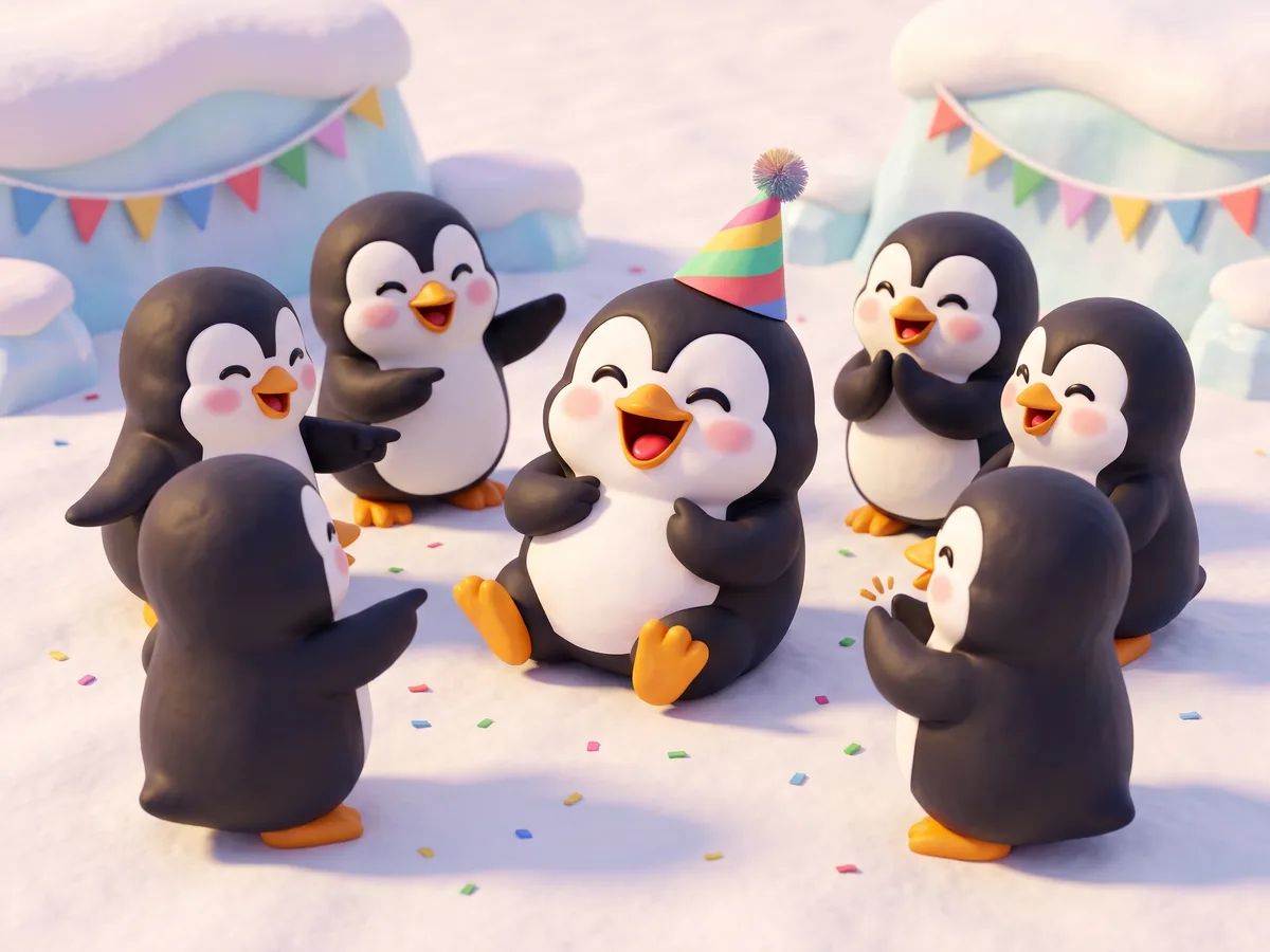 Illustration: a group of penguins in a loose circle pointing at one laughing penguin with a party hat