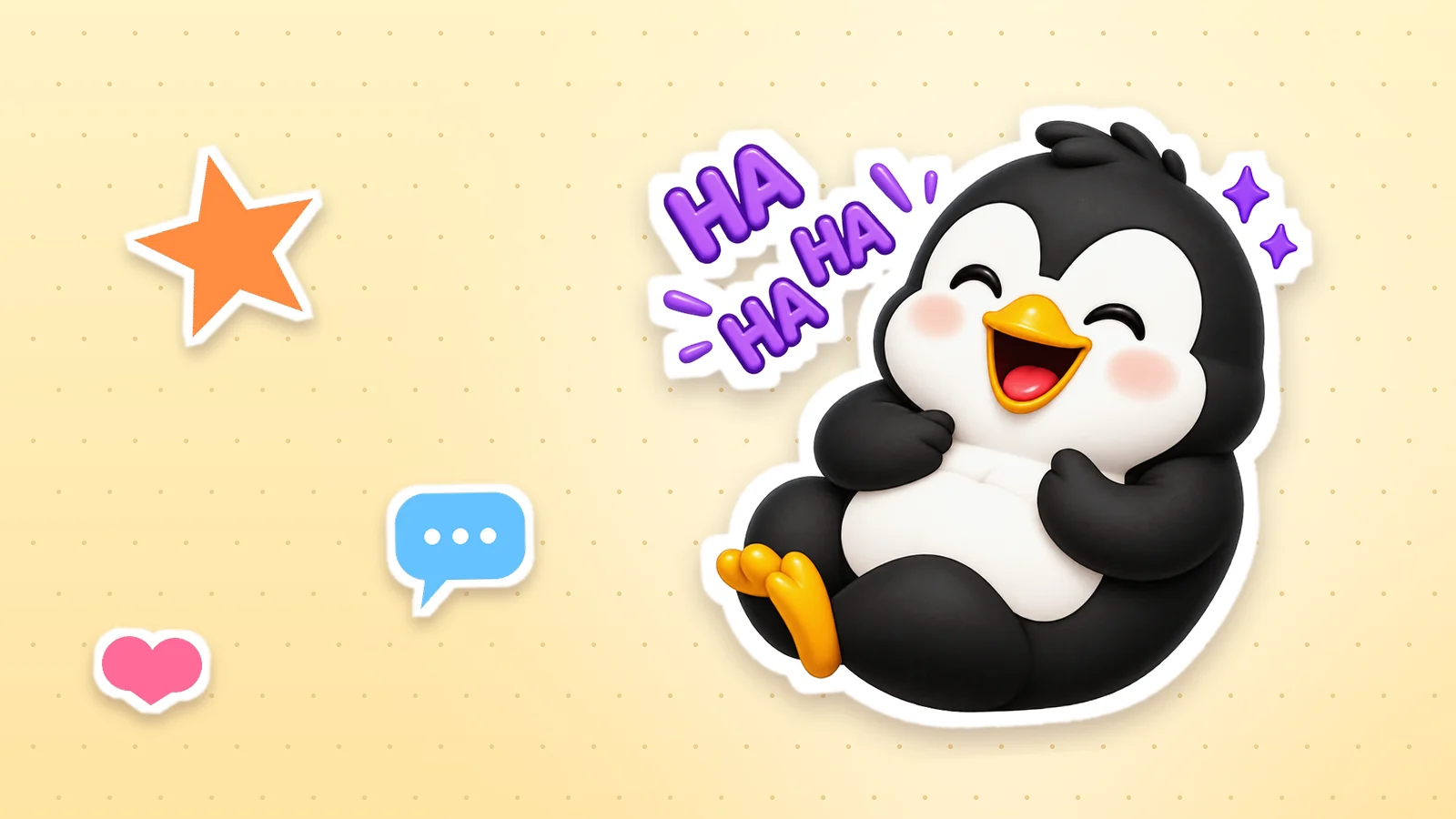 A Lolo Cards penguin as a sticker with a white outline, next to a heart, a star and a speech bubble on a soft yellow background