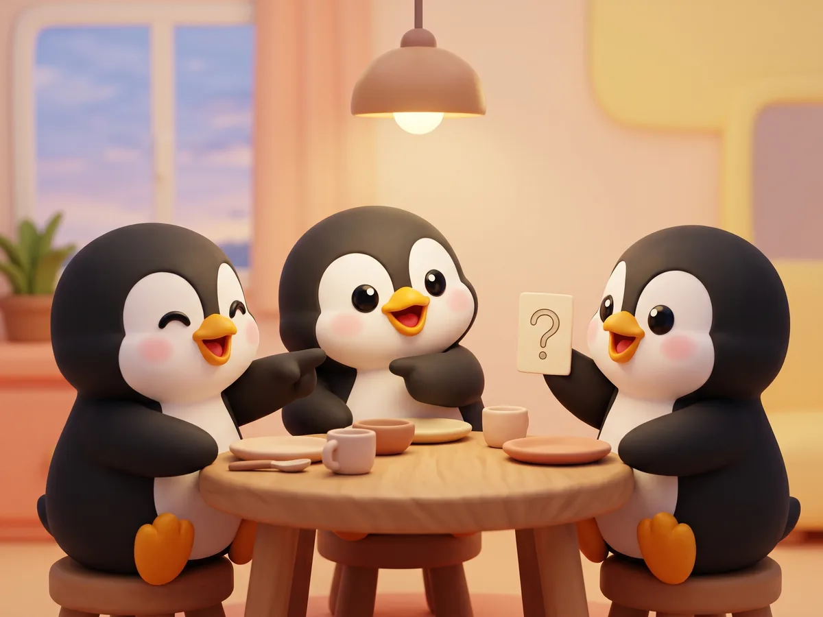 Illustration: a penguin and two friend penguins at a dinner table, one holding up a question card while the others point at each other in a playful debate