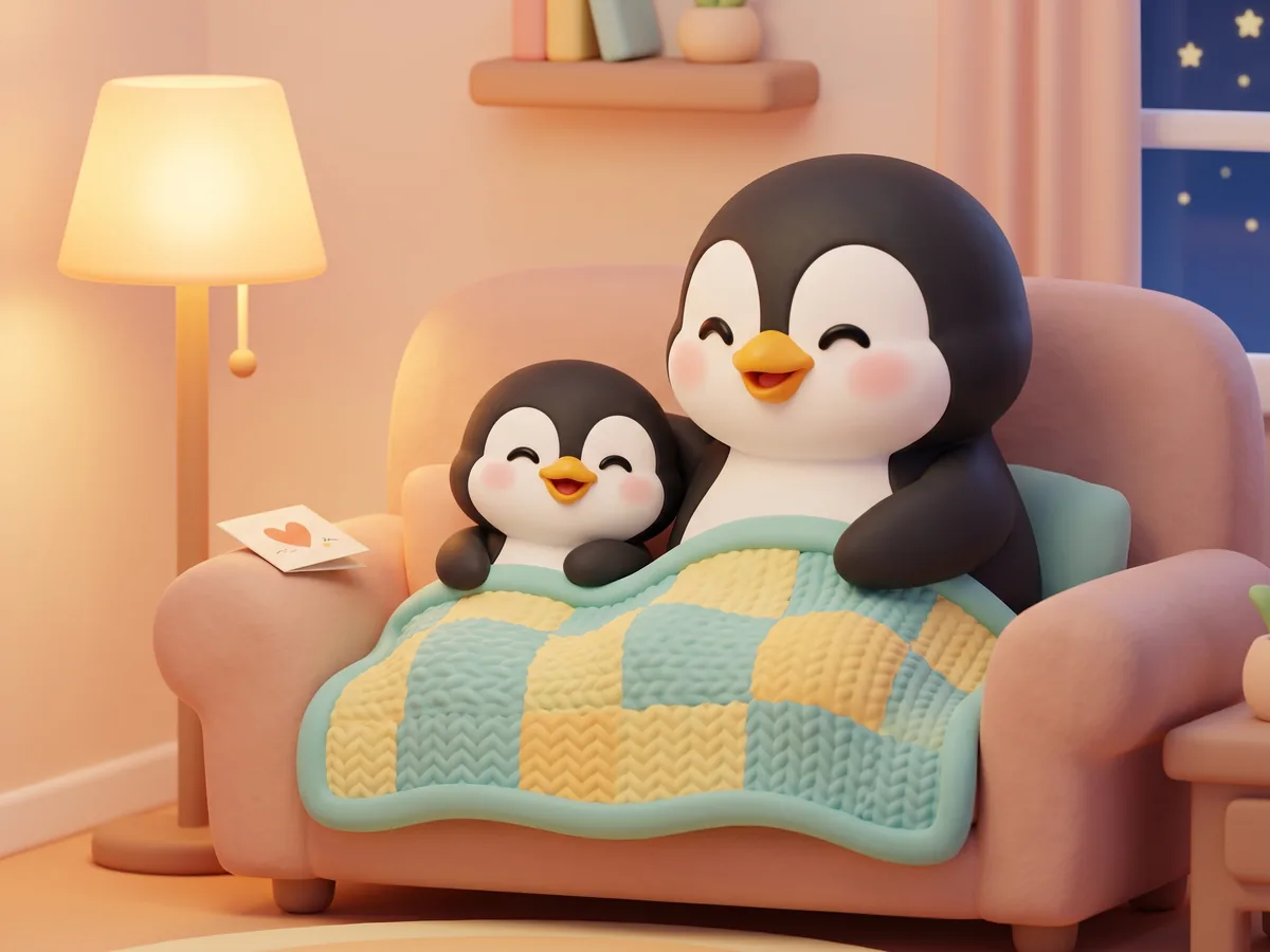 Illustration: a penguin and a grown-up penguin sitting on a couch under a blanket, a lamp glowing, one card resting on the armrest between them