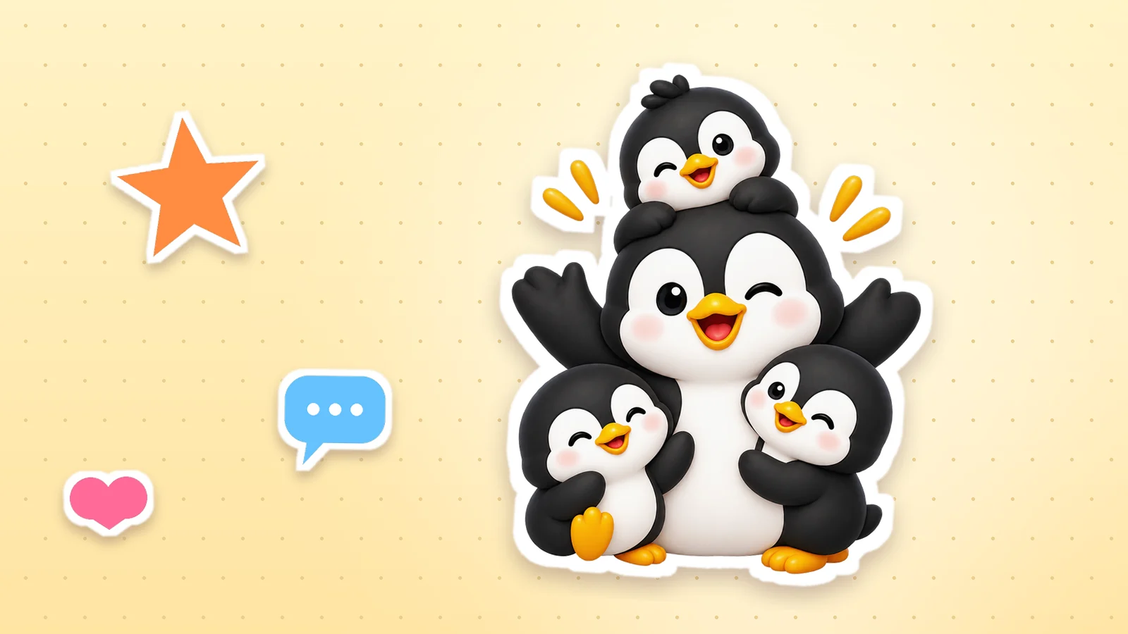 A Lolo Cards penguin as a sticker with a white outline, next to a heart, a star and a speech bubble on a soft yellow background
