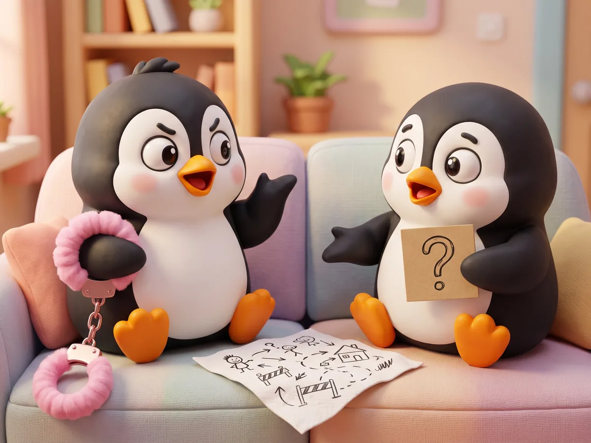 Illustration: a penguin and a second penguin on a couch arguing over a zombie survival plan written on a napkin, one holding a question card