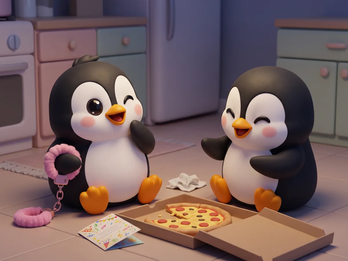 Illustration: two penguins on a kitchen floor at night laughing over a shared card and a half-eaten pizza