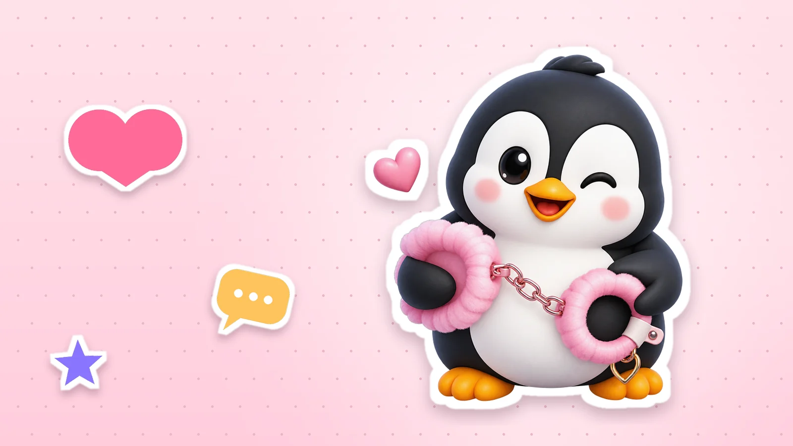 A Lolo Cards penguin as a sticker with a white outline, next to a heart, a star and a speech bubble on a soft pink background