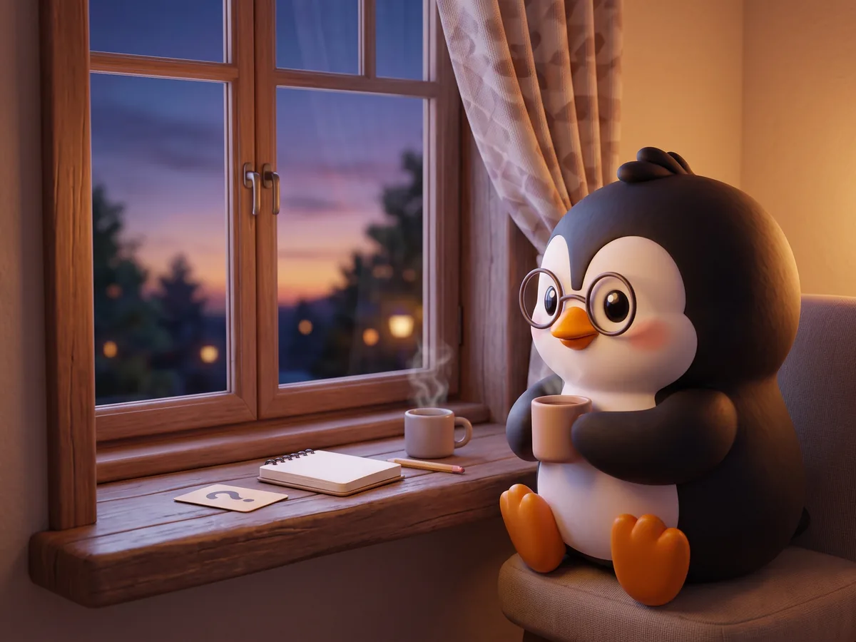 Illustration: a penguin in round glasses sitting by a window at dusk with a mug, a notebook and a single question card on the sill