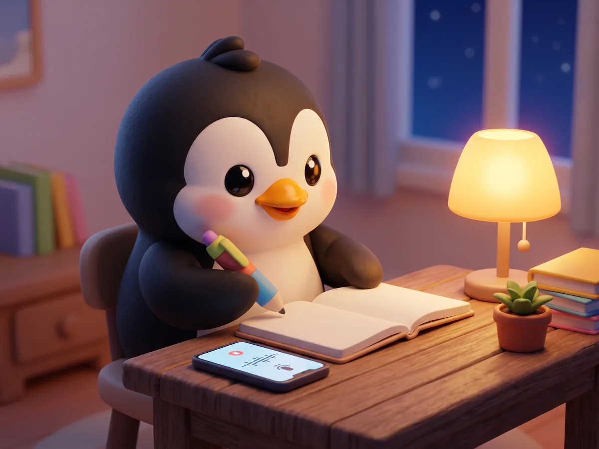 Illustration: a penguin holding a pen over a notebook beside a phone recording a voice note, evening lamp light