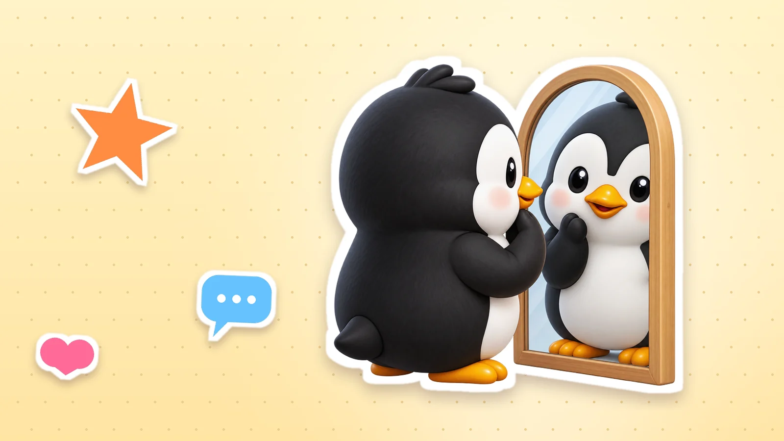 A Lolo Cards penguin as a sticker with a white outline, next to a heart, a star and a speech bubble on a soft yellow background