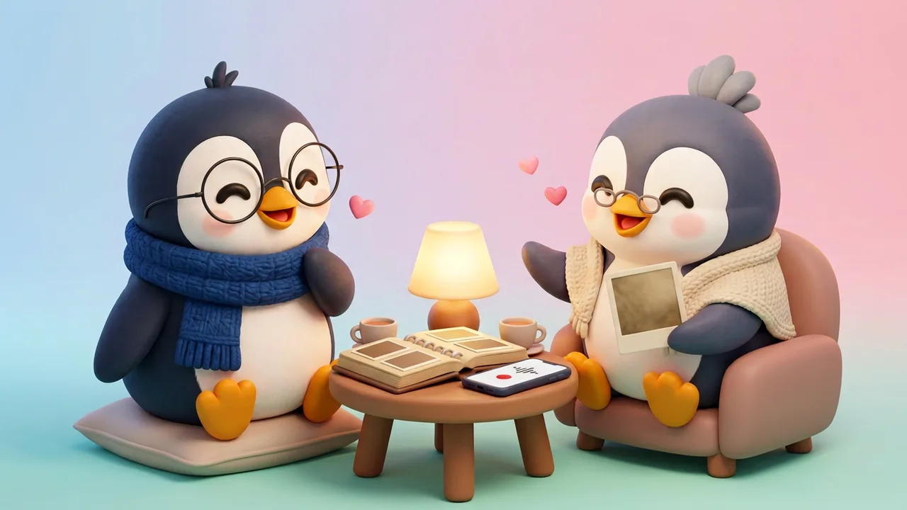 Lolo the penguin listening to a grandparent penguin holding an old photo, a phone recording on the table