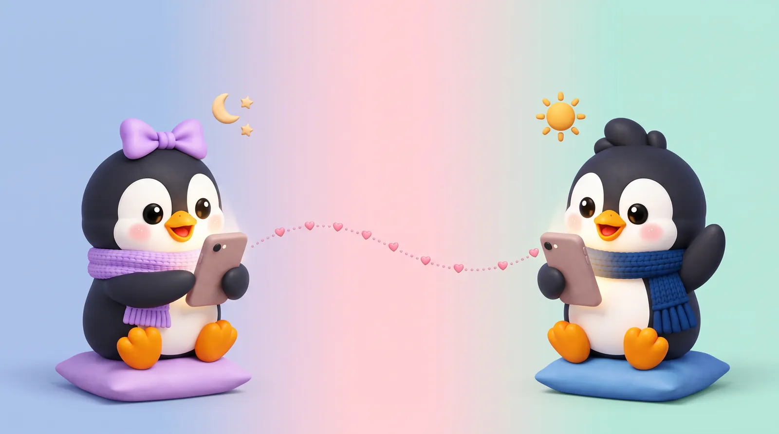 Mimi the penguin at night and another penguin in daylight, each holding a phone, with a line of hearts between them