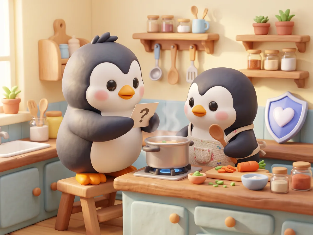 Illustration: a penguin and another penguin cooking together in a small kitchen, one holding a question card over a pot
