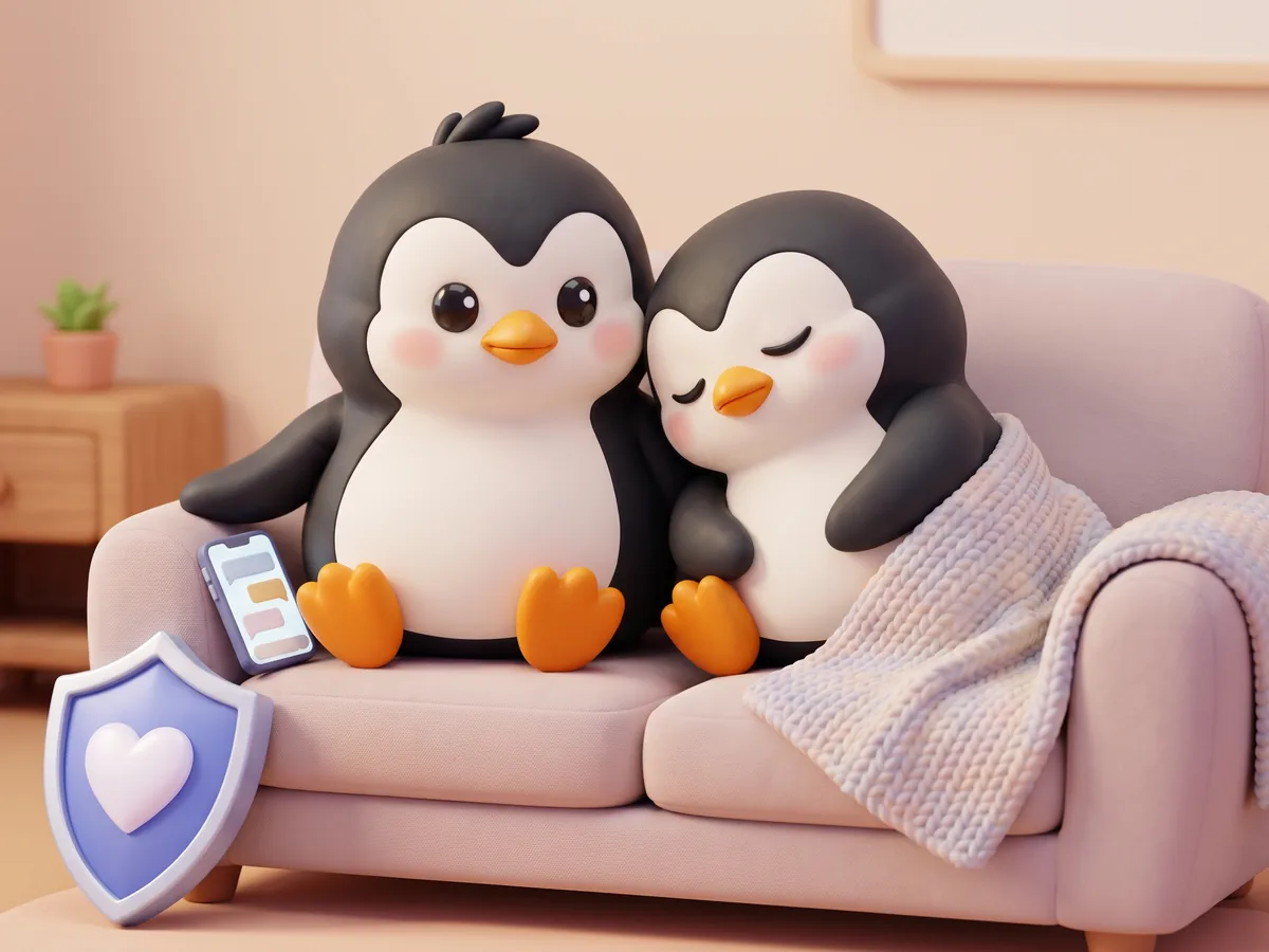 Illustration: two penguins on a couch, one resting its head on the other's shoulder while a phone with a message sits nearby