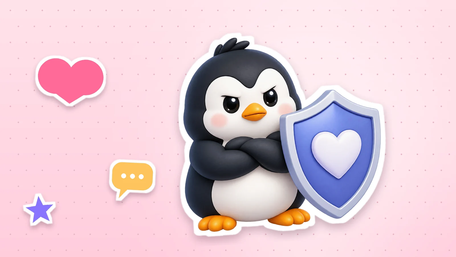 A Lolo Cards penguin as a sticker with a white outline, next to a heart, a star and a speech bubble on a soft pink background