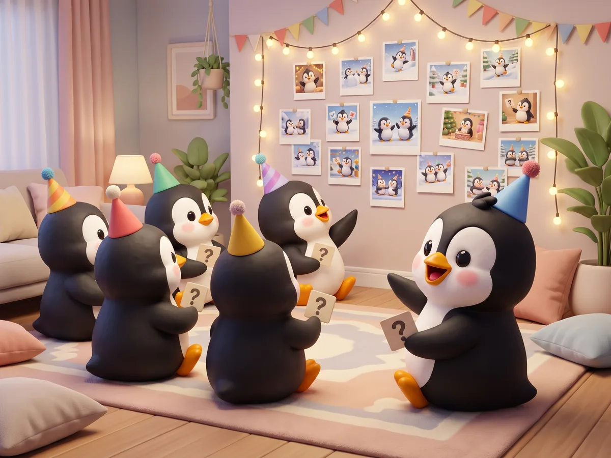 Illustration: a group of penguins in party hats sitting in a circle on a living room floor, each holding a question card, looking back at a wall of photos from 