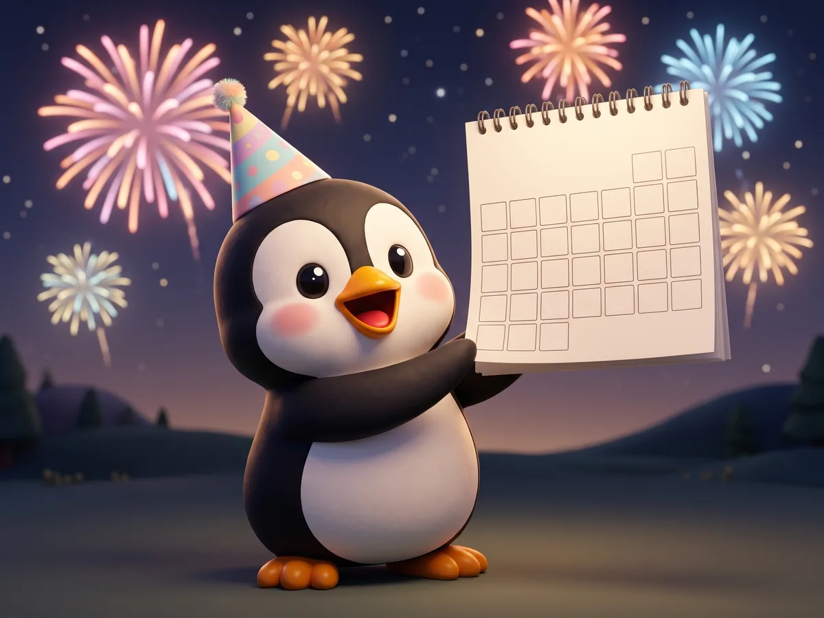 Illustration: a penguin in a party hat holding a blank calendar page up to the sky at night with fireworks behind it