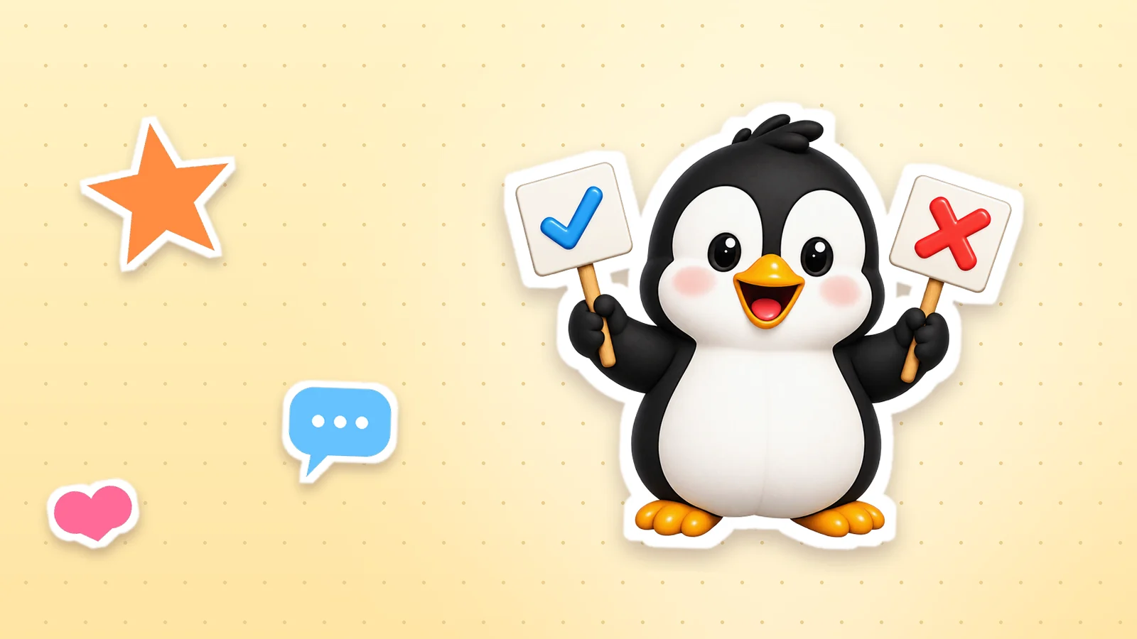 A Lolo Cards penguin as a sticker with a white outline, next to a heart, a star and a speech bubble on a soft yellow background