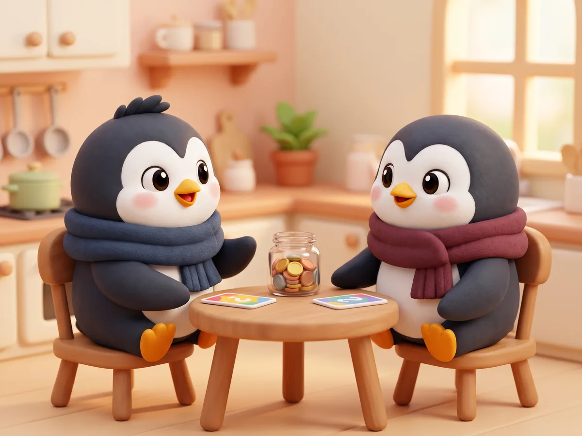 Illustration: a penguin and a partner penguin at a small kitchen table with a jar of coins and two question cards between them