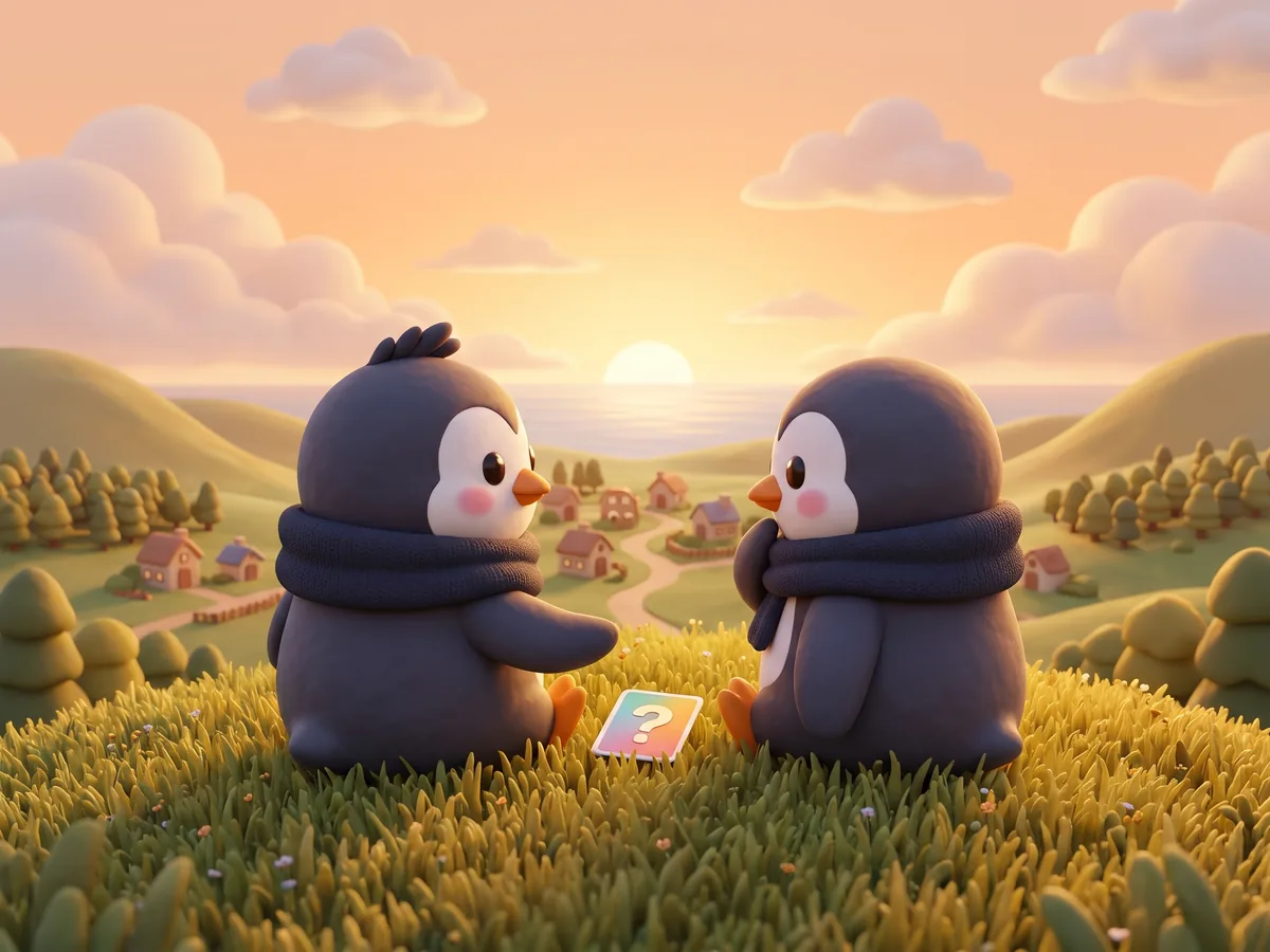 Illustration: two penguins on a hilltop at golden hour looking at a small town and a distant sea, a question card resting on the grass between them